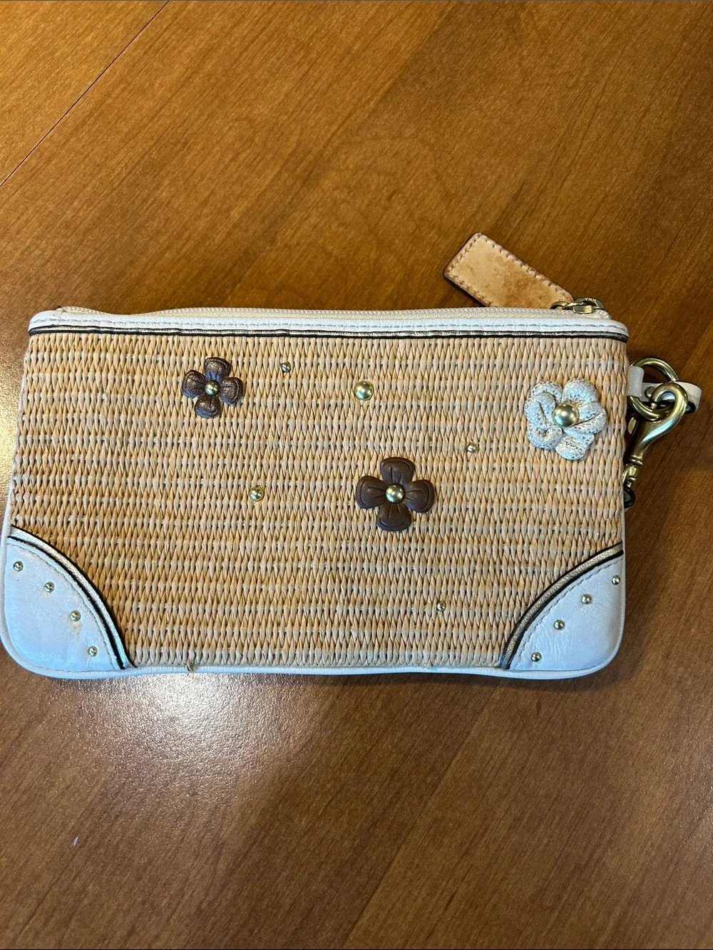 Coach Straw Wristlet with White Trim and Brown Floral Appliqués 2010